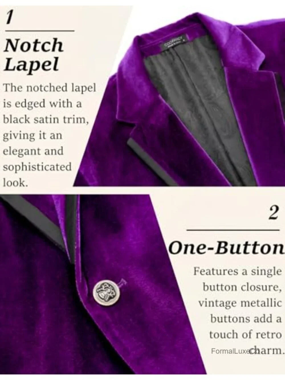 Men's Velvet Blazer One Button Tuxedo Jacket Slim Fit Satin Trim Wedding Prom